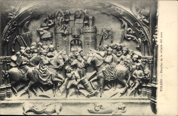 Postcard Toledo Castile La Mancha Spain, relief with knights, castle, detail of the choir stalls, Toledo