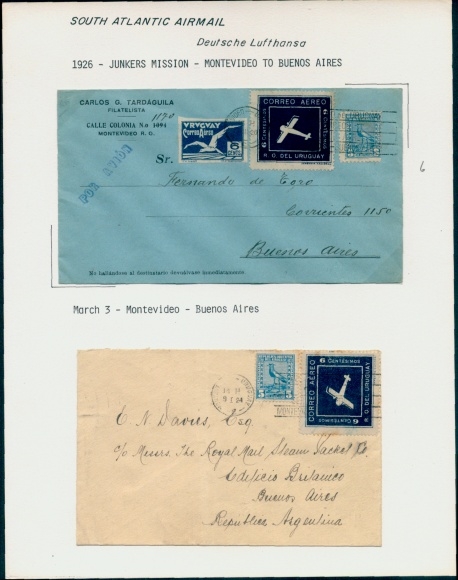 Letter Airmail Deutsche Lufthansa, South Atlantic, 1926 Junkers Mission Montevideo - Buenos Aires