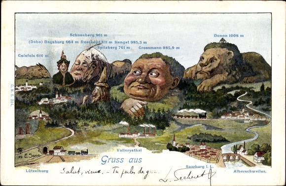 Kunstenaarskaart Lutzelbourg Lotharingen Moezel, berggezichten, Alverschwiller, Sarrebourg, Donon