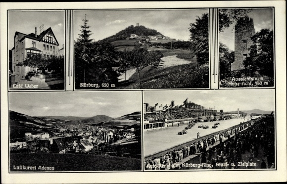 Postcard Adenau in the Eifel, Cafe Weber, observation tower, in the old casino, Nürburg Ring