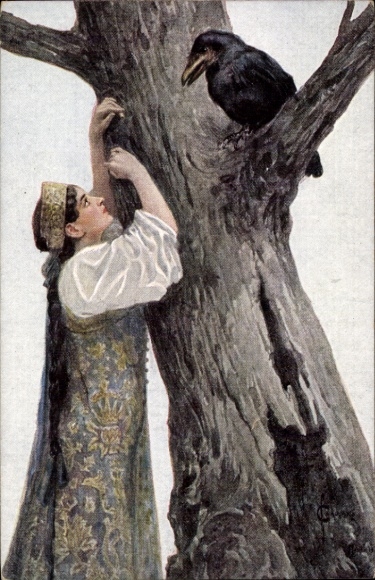 Artist Postcard Solomko, S., Heartfelt Lament, Woman in Traditional Costume, Crow
