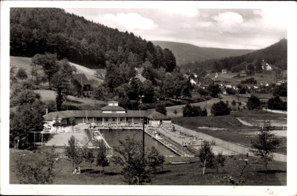 Postcard Bad Herrenalb in the Black Forest, swimming pool, Black Forest, people at the water, trees, landscape