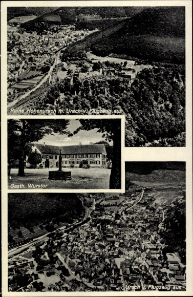 Postcard Bad Urach in the Swabian Alb Württemberg, ruins of Hohenurach, aerial photograph, guesthouse