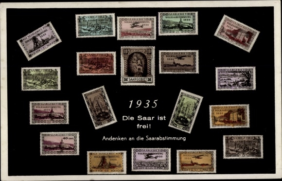 Postzegels ansichtkaart De Saar is vrij, referendum Saargebied 1935, Duits is de Saar