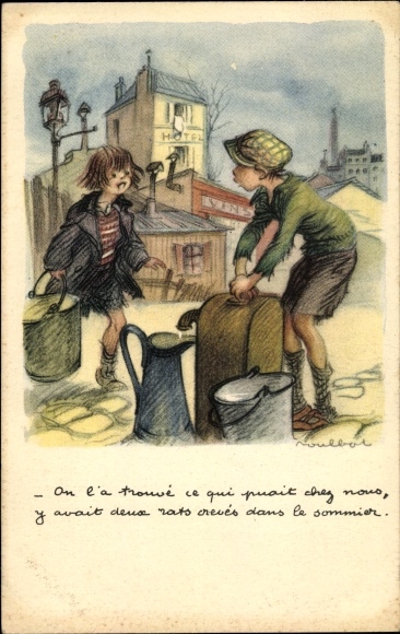 Artist PC Poulbot, Francisque, boy at the water pump, girl comes with a bucket