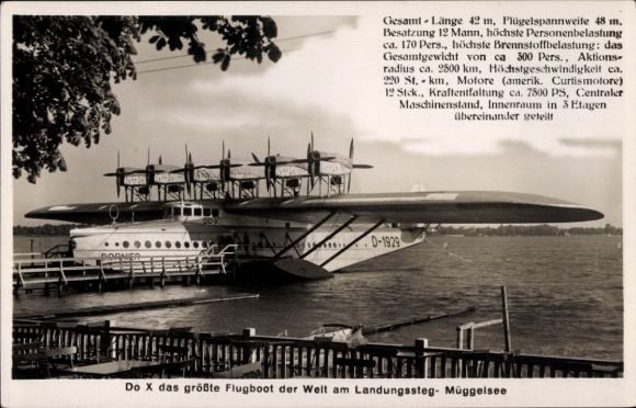 Dornier Do X, the world's largest flying boat, Müggelsee landing stage, Germany 1929, Rübezahl Restaurant
