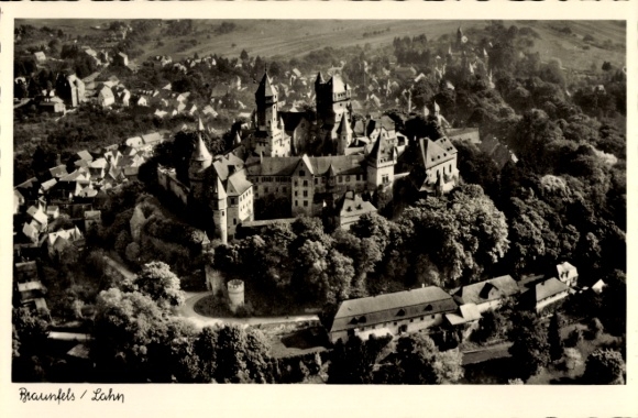Postcard Braunfels on the Lahn, aerial view of the castle, surroundings, trees, architecture