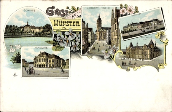Chromo-Litho Münster in Westphalia, castle, Lamberti Church, railway station, academy, imperial post office