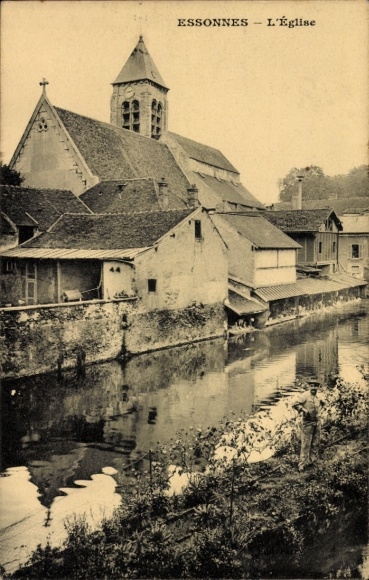 Ak Essonnes Essonne, L'Église, Wasser, Gebäude, Natur, ruhige Atmosphäre