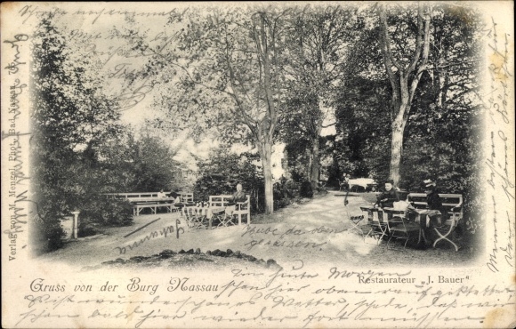 Postcard Nassau an der Lahn, Nassau Castle, restoration garden