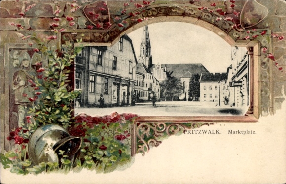 Embossed Passepartout Chromo-Litho Pritzwalk in the Prignitz, Market Square