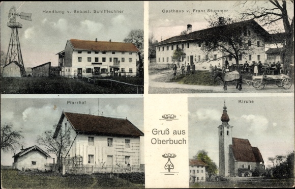 Postcard Oberbuch Tyrlaching Upper Bavaria, inn Stummer, action Schifflechner, church, vicarage