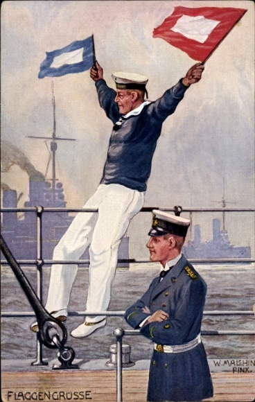 Künstler Ak Malschin, W., Flaggengrüße, Seeleute, Deutscher Kriegerbund, I. WK