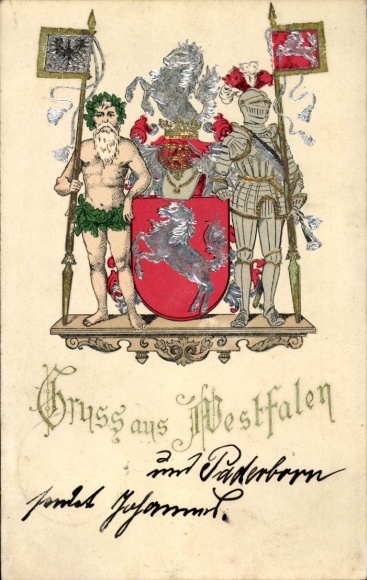 Embossed coat of arms Chromo-Litho Westphalia, knight, wild man