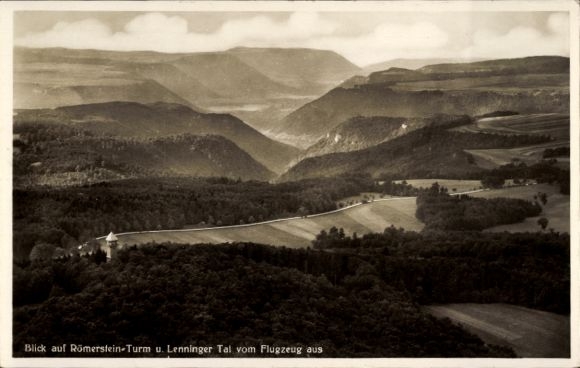 Postcard Römerstein in the Swabian Alb, Römerstein Tower, Lenninger Valley, aerial photograph