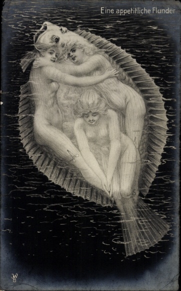Postcard An appetizing flounder, naked women, metamorphosis
