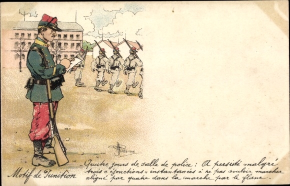 Künstler Litho Französischer Soldat schreibt Notizen auf, marschierende Rekruten