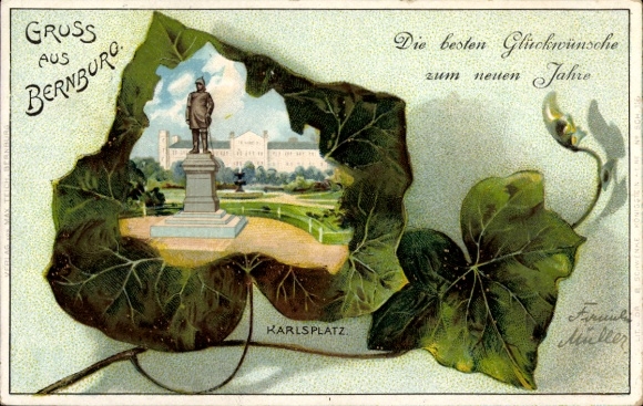 Embossed ivy leaf passepartout litho Bernburg an der Saale, Karlsplatz, monument, Happy New Year