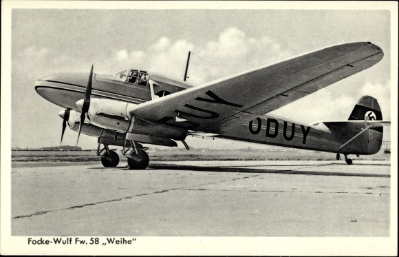 Postcard Focke Wulf Fw 58 Weihe, travel plane, D ODUY