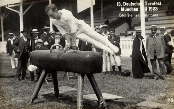 Photo Postcard 13th German Gymnastics Festival Munich July 1923, Eugen Stollsteiner, MTV Stuttgart, on horseback