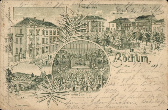 Litho Bochum im Ruhrgebiet, Wilhelmsplatz, Central Theater, Variete-Saal, Stadtpark