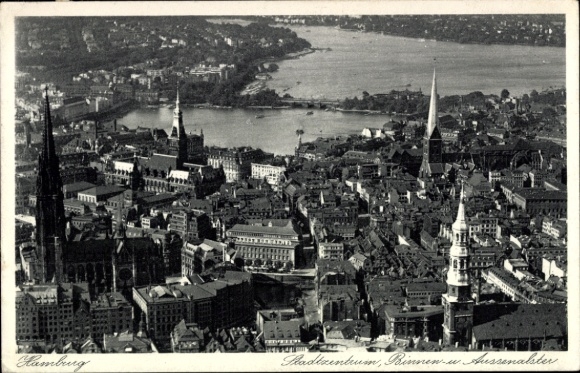 Ak Hamburg Mitte Altstadt, Luftbild von  Binnenalster, Stadtkirche, Altstadt
