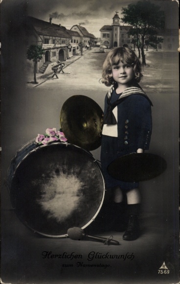 Postcard Congratulations Birthday, Child, Musical Instruments, Drum