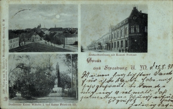Moonlight Postcard Strasburg in the Uckermark, Imperial Post Office, Kaiser Wilhelm I Memorial