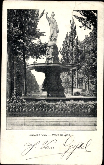 PC Bruxelles Brussels, fountain with statue, trees, lettering 'BRUXELLES. - Place Rouppe'