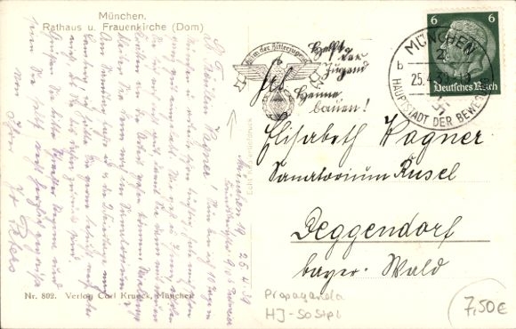 Postcard Munich, Town Hall, Frauenkirche, Propaganda Stamp, Capital of the Movement, HJ