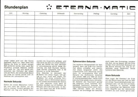 Timetable Eterna Matic watch, watch shop Clemens Saabe, Bielefeld, precision in everyday life