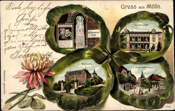 Embossed cloverleaf Chromo-Litho Mölln Schleswig Holstein, Till Eulenspiegel Grave, Schützenhof, Kurhaus, Markt