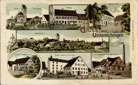 Litho Unterelchingen Elchingen, Kirche, Pfarrhaus, Schule, Gasthaus zum Adler, Brauerei Zahn