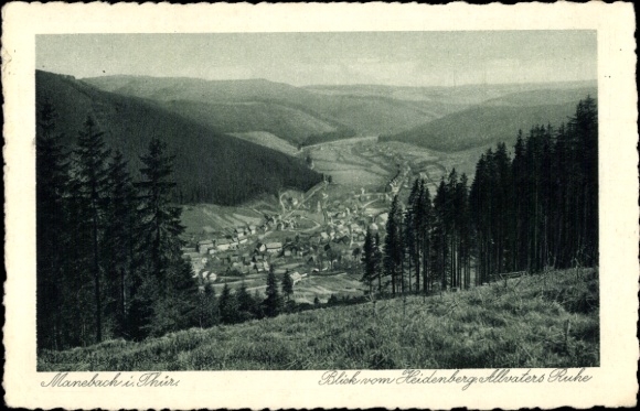 Ak Manebach Ilmenau in Thüringen, uitzicht op beboste heuvels, poëtische tekst van Goethe