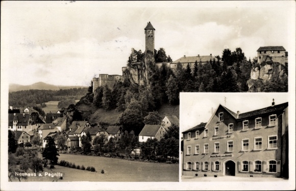 Ansichtkaart Neuhaus an der Pegnitz in de regio Neurenberg in Beieren, Gasthof Bayrischer Hof, eigenaar Anton Rauh, Burg