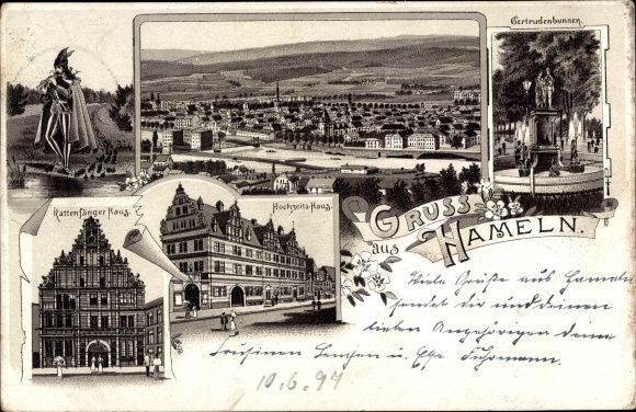 litho Hameln in Nedersaksen, rattenvanger, trouwhuis, Gertrudenbrunnen, rattenvangerhuis
