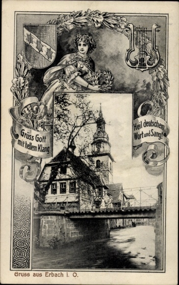 Wappen Ak Erbach im Odenwald Hessen, Kirche, Brücke, Lyra