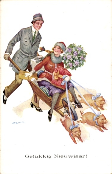 Artist Postcard Zahl, H., Happy New Year, Woman in a Wheelbarrow, Packages, Pigs