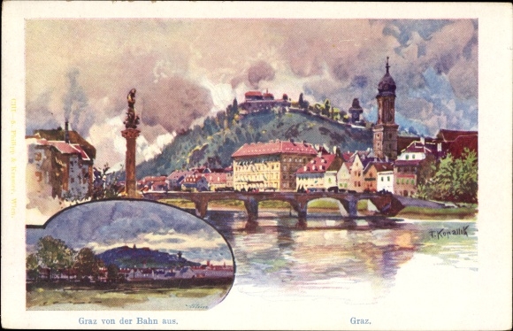 Artist PC Kopallik, F., Graz Styria, river section with bridge, view from the railway