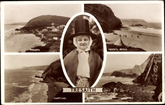 Postcard Tresaith Wales, Beach, Coastline, Waterfall, Frau in Tracht