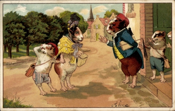 Postcard Humanized Animals, Guinea Pigs, Teachers, Mother with Child