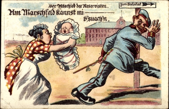 Postcard The farewell of the reservists, soldier shows woman with infant a long nose