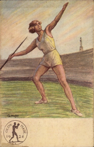 Artist Postcard Hofer, G., Olympic Games 1928, Javelin Throw, German Reich Committee for Physical Exercises
