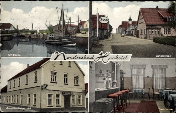 Postcard Hooksiel Wangerland Friesland, harbour, Esso petrol station, Langestraße, Jeverländischer Hof