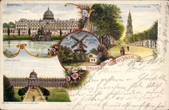 Litho Potsdam, Stadtschloss, Garnisonkirche, Neues Palais, Historische Mühle