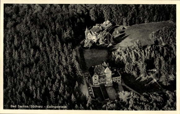 KP Bad Sachsa w górach Harz, widok z lotu ptaka na Eulingswiese, krajobraz leśny, budynki