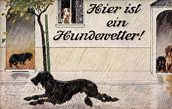 Artist Postcard Here is a dog weather, dogs in the rain, dachshunds
