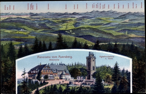 Postcard Wildenthal Eibenstock in the Ore Mountains, panorama from the Auersberg, accommodation house, Riesenberg