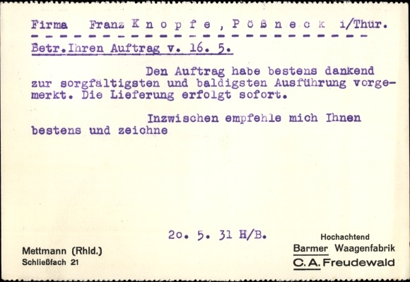 Postcard Mettmann in North Rhine-Westphalia, Barmer Waagenfabrik, CA Freudewald, owner Paul duke