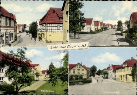 Ak Enger in Westfalen, Verschiedene Straßenansichten, Häuser, Bäume, POSTKARTE